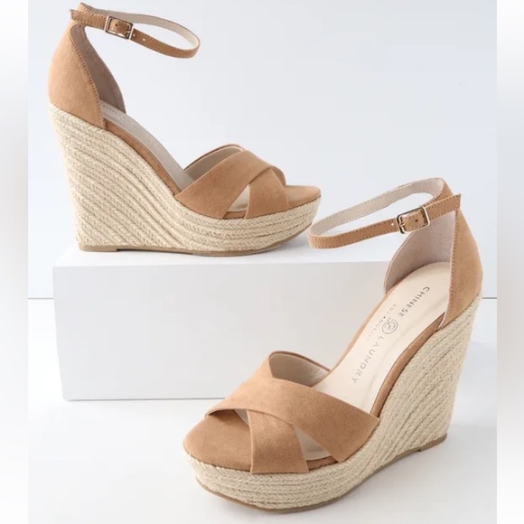 Chinese Laundry Morgan Micro Suede ankle strap wedge heels Camel sandals Sz 10 - Picture 2 of 16